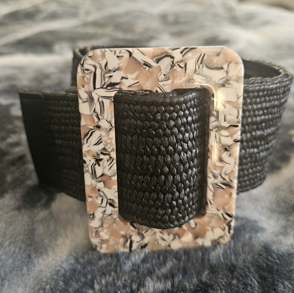 Womens Confetti Resin Buckle Stretch Straw Belt - A New Day Black L
